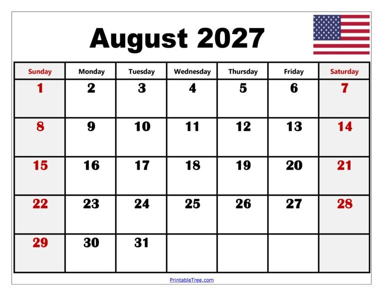 August 2027 Calendar with Holidays