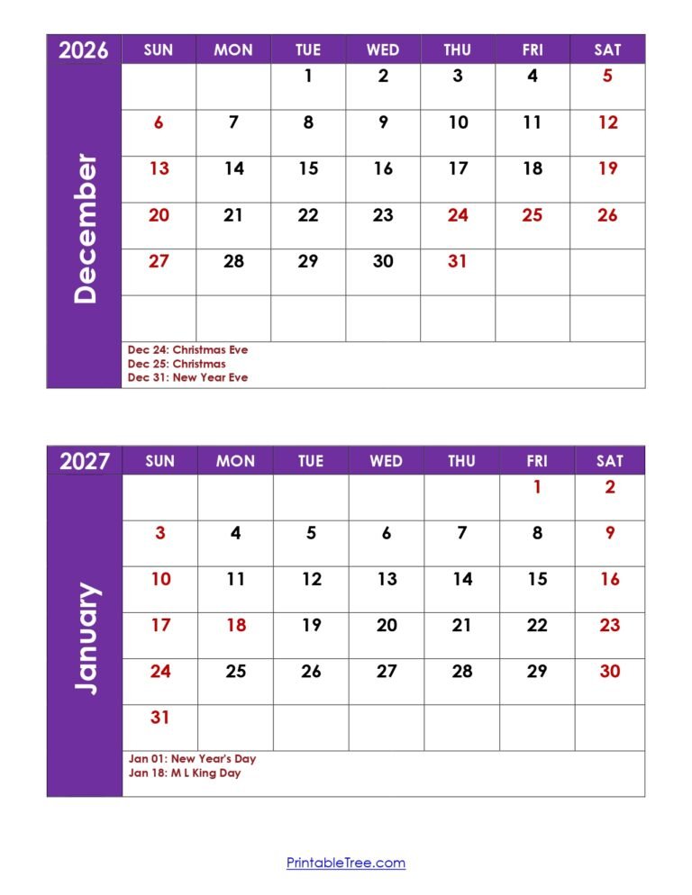 December 2026 and January 2027 Calendar with Holidays