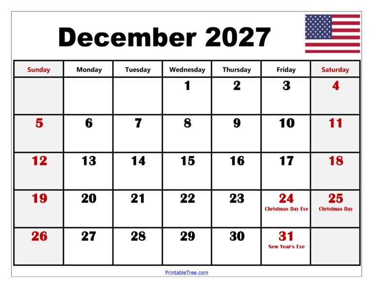 December 2027 Calendar with Holidays