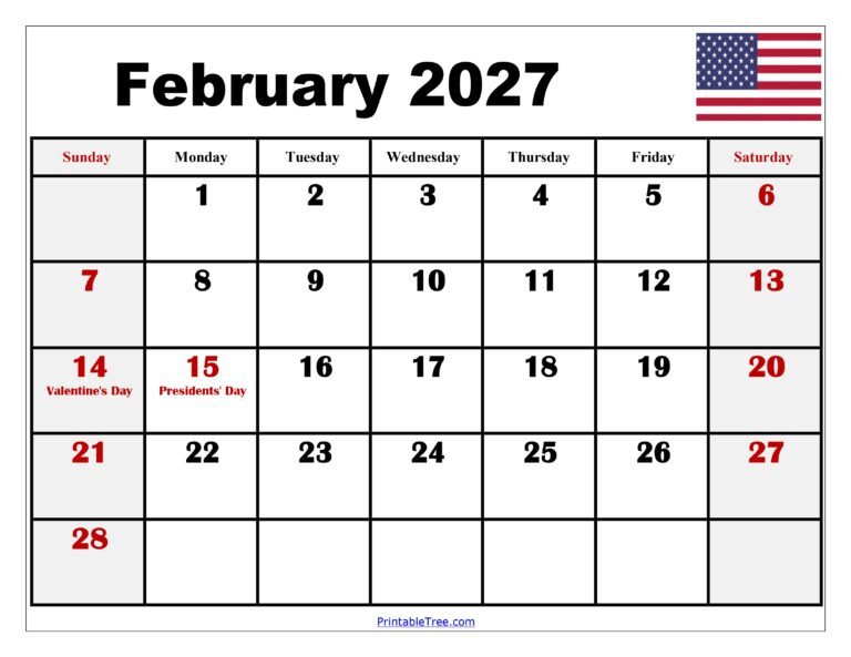 Printable February 2027 Calendar Featuring All Key Holidays and Observances 7 February 2027 Calendar with Holidays 1