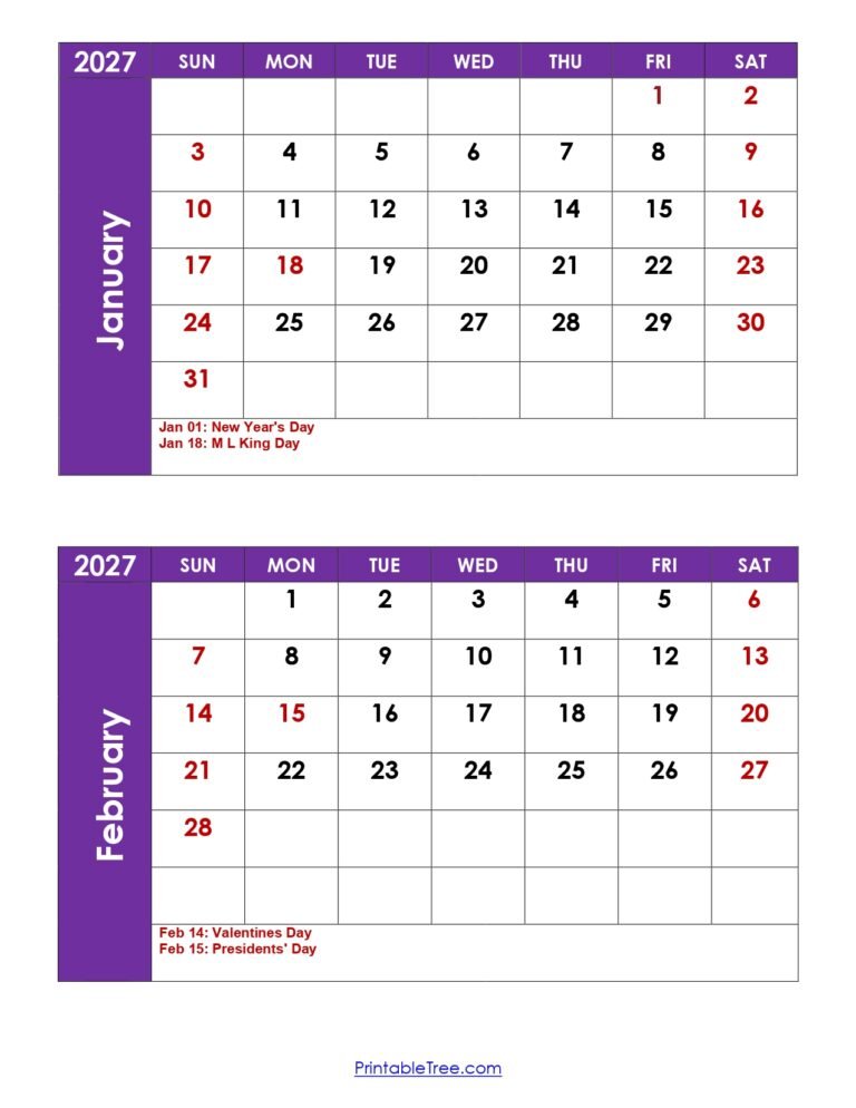January and February 2027 Calendar with Holidays 1