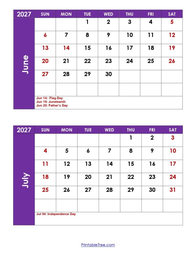 June and July 2027 Calendar with Holidays 3