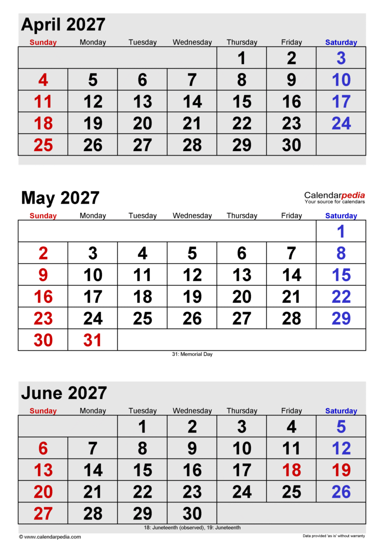 Comprehensive Calendar Overview for April Through June 2027 29 calendar april may june 2027