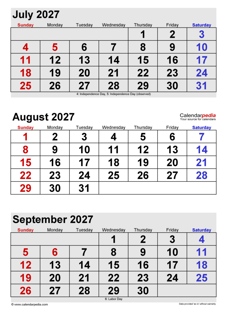 Detailed Mid-2027 Calendar Overview for July, August, and September 36 calendar july august september 2027