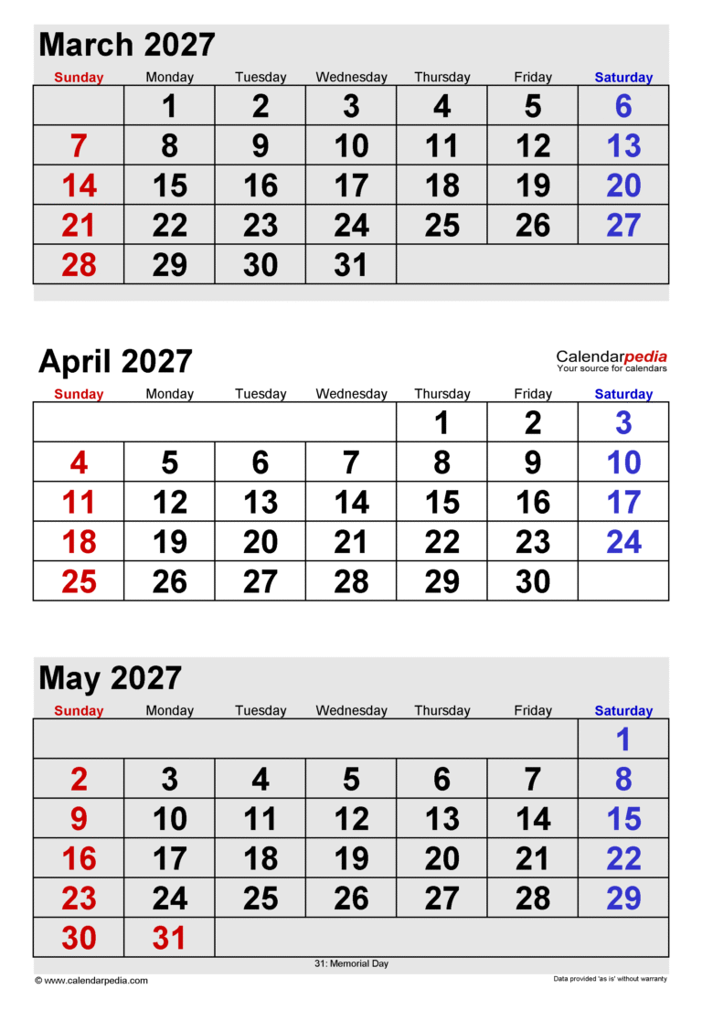 calendar march april may 2027