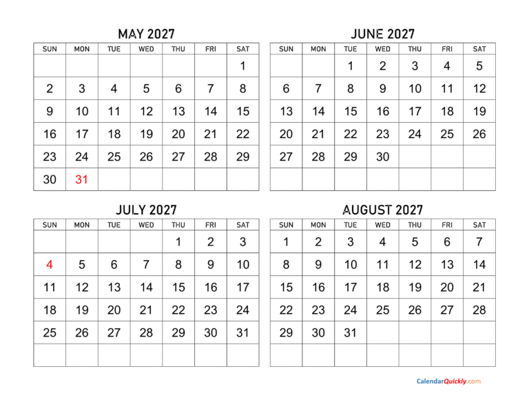 may august four months 2027 calendar