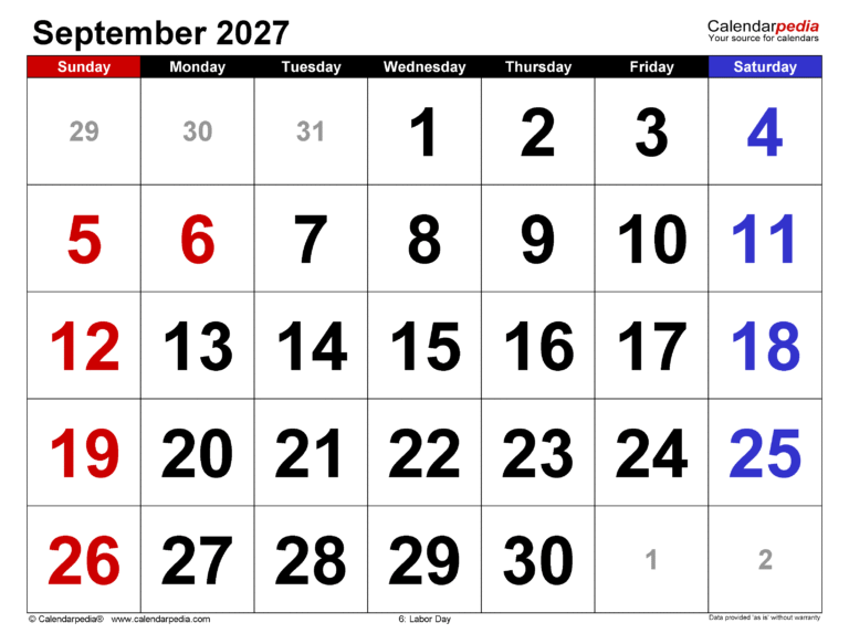 September 2027 Monthly Planner and Important Dates Overview 34 september 2027 calendar large numerals