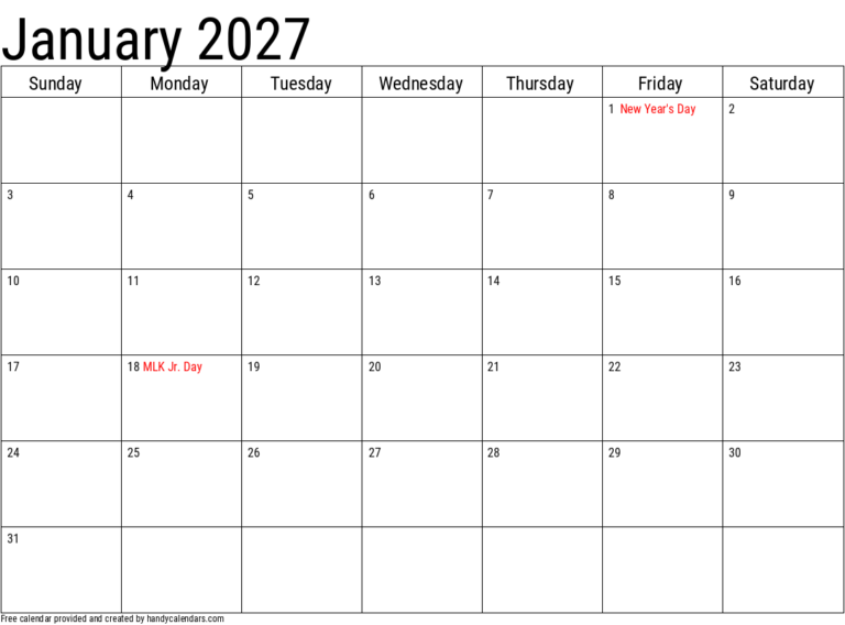 January Blank Calendar 2027 31 2027 january calendar with holidays 2