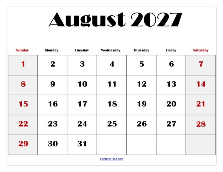 August 2027 Blank Printable Calendar