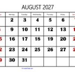 August 2027 Calendar Large Number 1