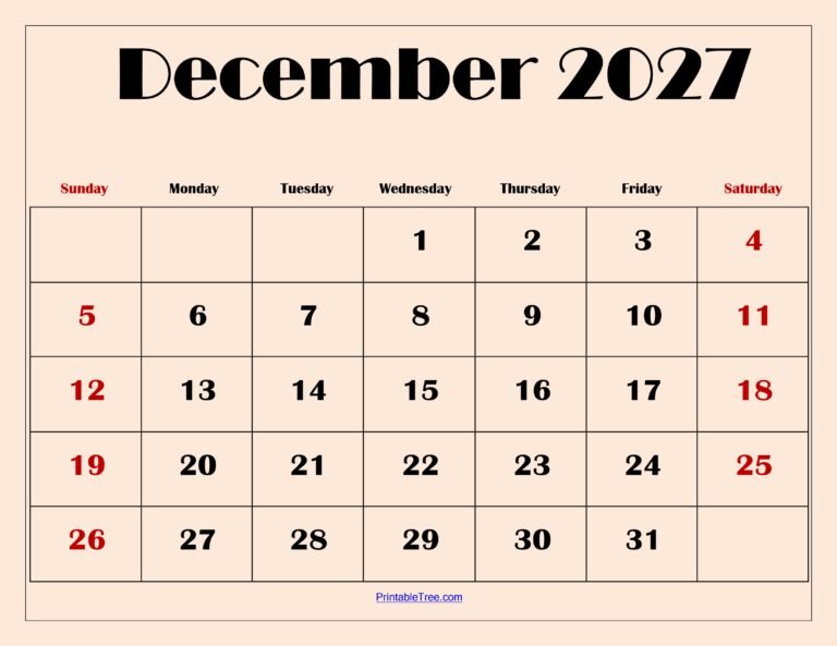 December 2027 Calendar with Light Pink 1
