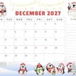 December 2027 calendar printable Monday start holidays notes landscape cute penguins 720x556 1