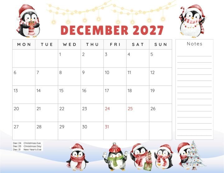 December 2027 calendar printable Monday start holidays notes landscape cute penguins 720x556 1