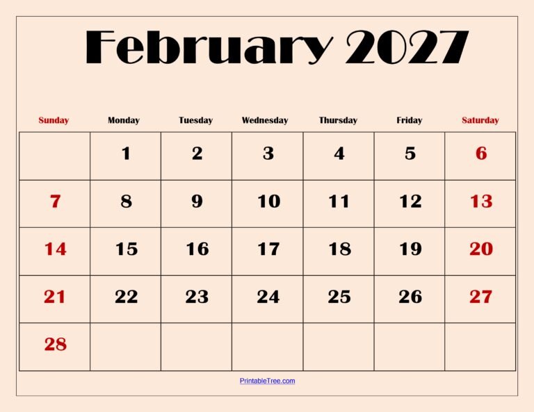 Calendar For The Month Of February 2027 14 February 2027 Calendar with Light Pink 6