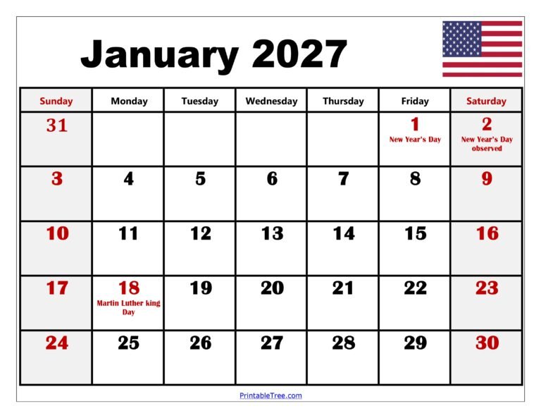 January 2027 Calendar Printable Pdf Free Download 35 January 2027 Calendar with Holidays 1