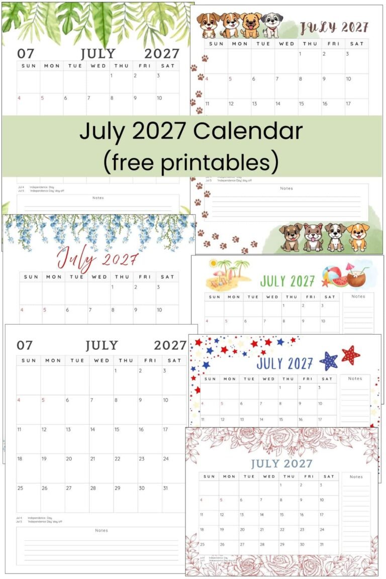 July 2027 Sunday Start Calendars