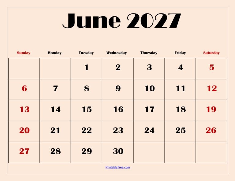 June 2027 Monthly Planner and Key Dates Overview 41 June 2027 Calendar with Light Pink