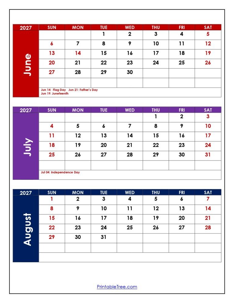 June to August 2027 Calendar with Holidays 1
