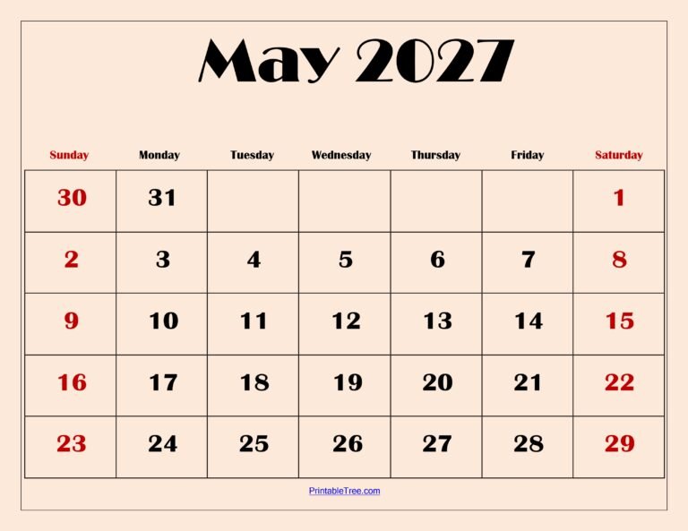 Explore the Complete May 2027 Calendar with Important Dates and Events 10 May 2027 Calendar with Light Pink