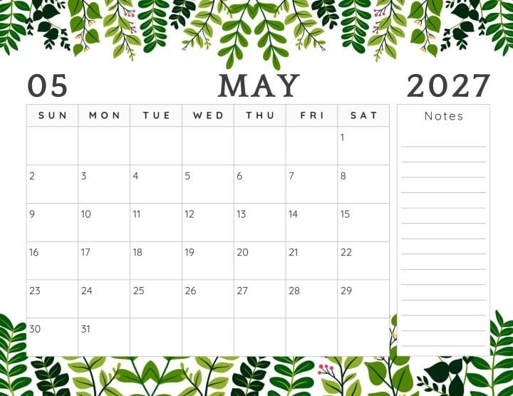 May 2027 Calendar Wallpaper 26 May 2027 calendar printable Sunday start blank landscape leaves 720x556 1