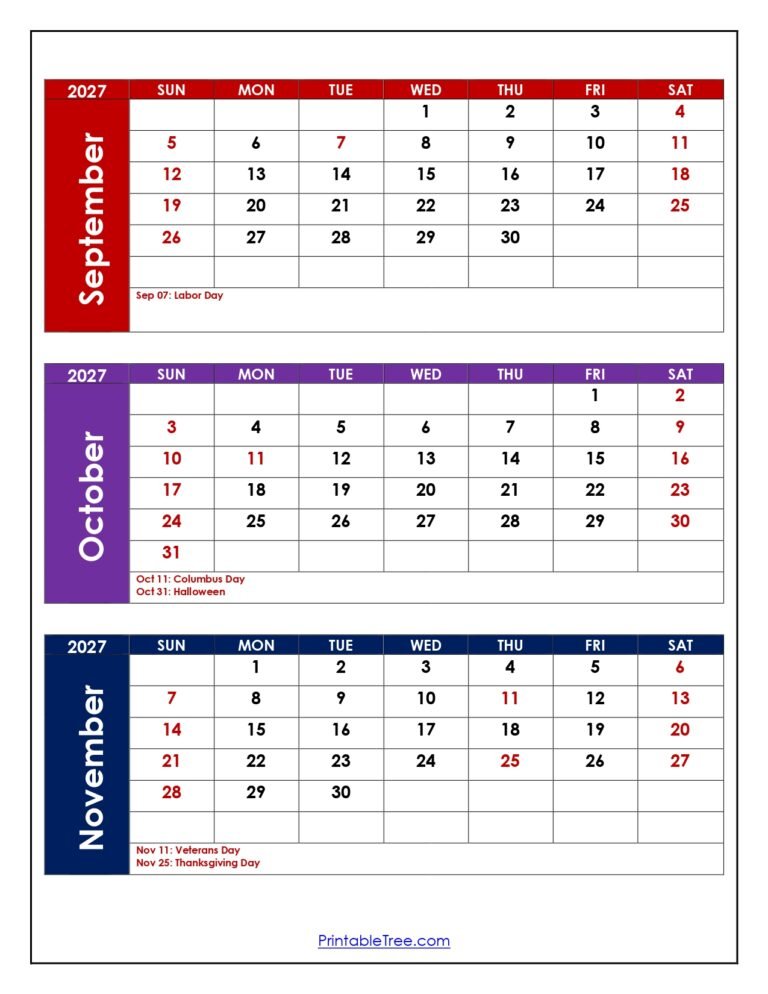 September to November 2027 Calendar with Holidays