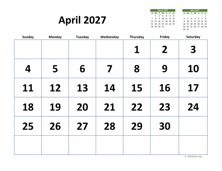 April 2027 Calendar Overview: Key Dates and Events Highlighted 28 april 2027 calendar 03