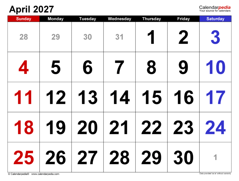 Your Complete Guide to the April 2027 Calendar and Important Dates 34 april 2027 calendar large numerals 3