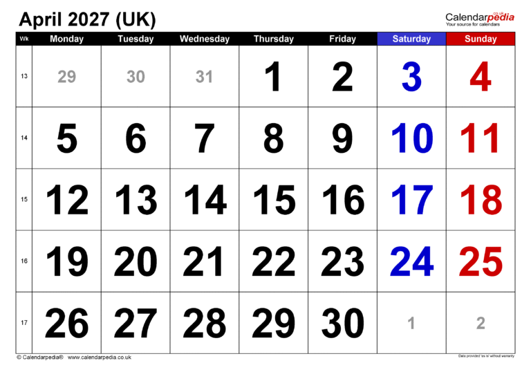 april 2027 calendar uk