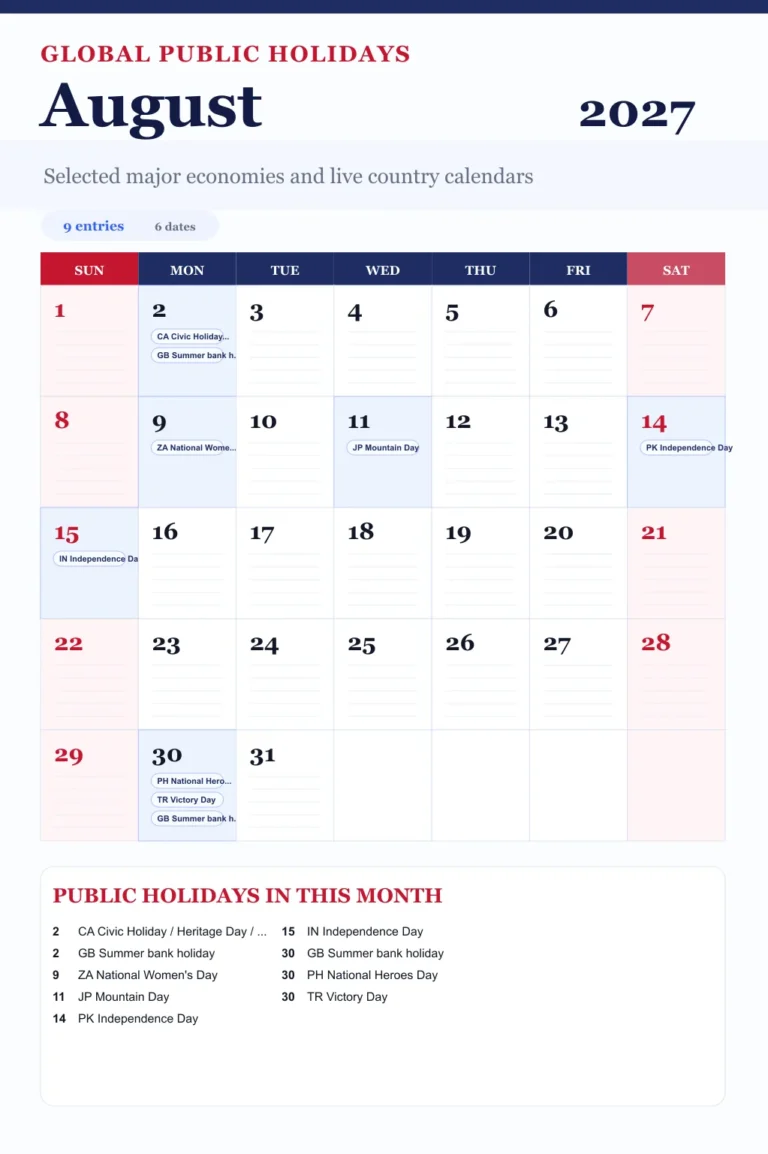 august 2027 global public holidays calendar
