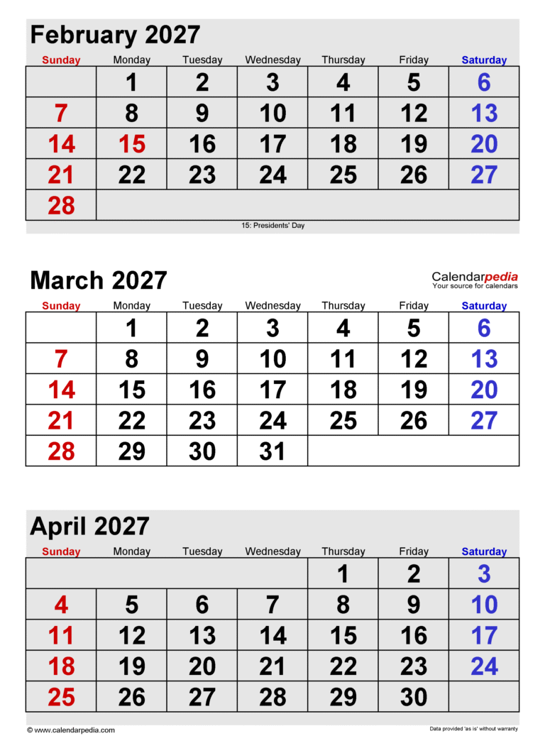 Detailed Calendar Overview for February, March, and April 2027 32 calendar february march april 2027