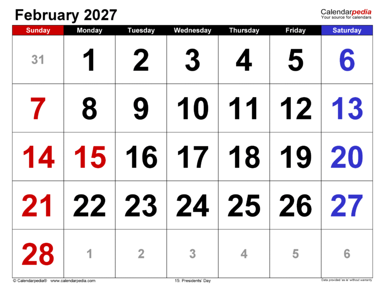 February 2027 Calendar Overview: Key Dates and Important Events 29 february 2027 calendar large numerals