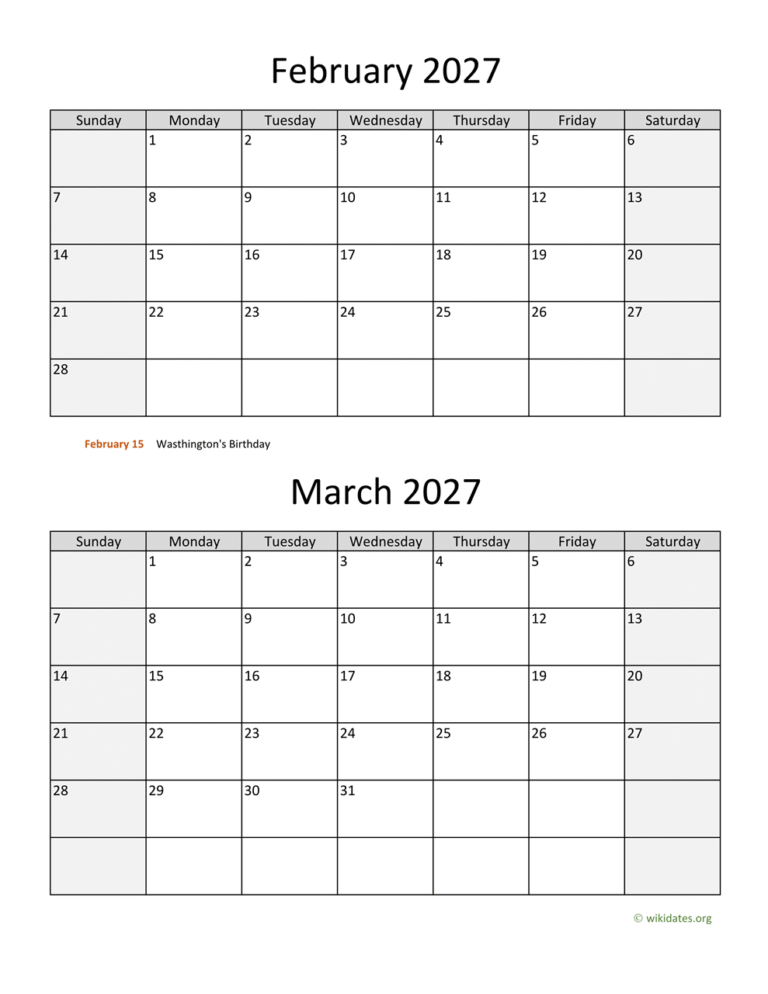 Complete February and March 2027 Monthly Planner and Important Dates Calendar 19 february march two months 2027 calendar vertical