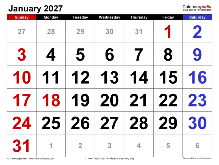 Your Ultimate Guide to the January 6, 2027 Calendar and Key Dates 41 january 2027 calendar large numerals