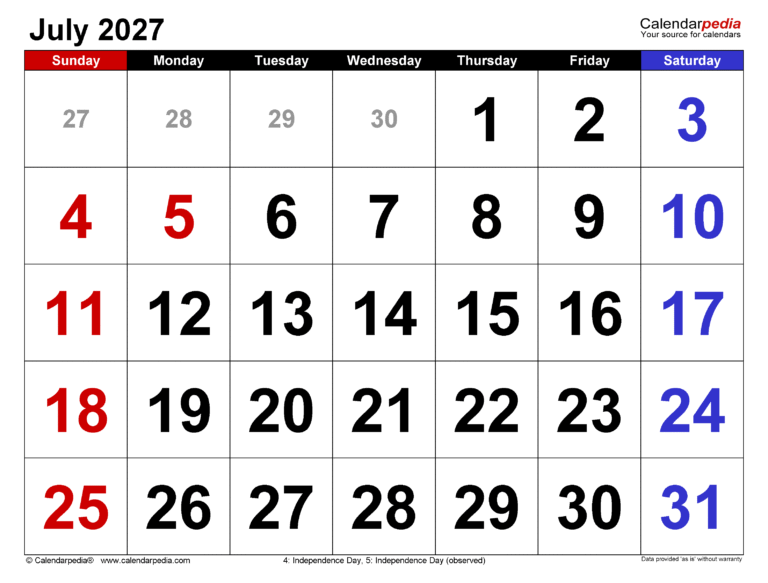 july 2027 calendar large numerals