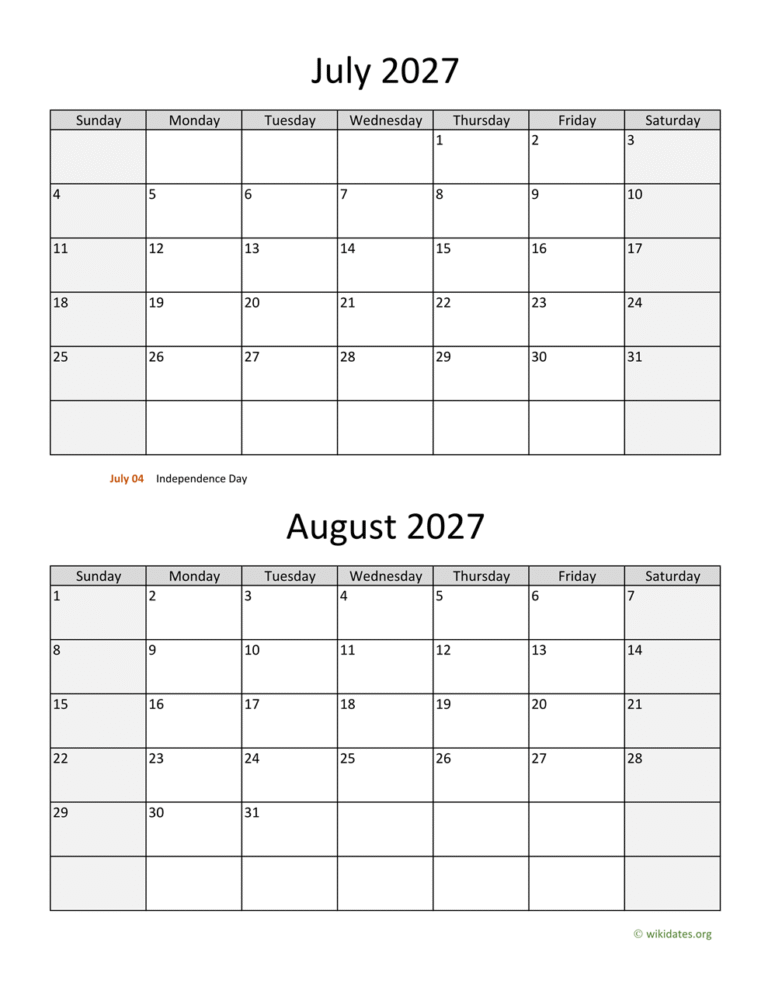 july august two months 2027 calendar vertical