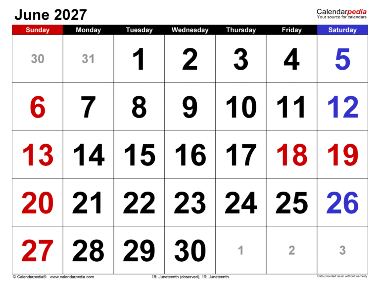 Comprehensive Word Calendar Guide for June 2027 28 june 2027 calendar large numerals