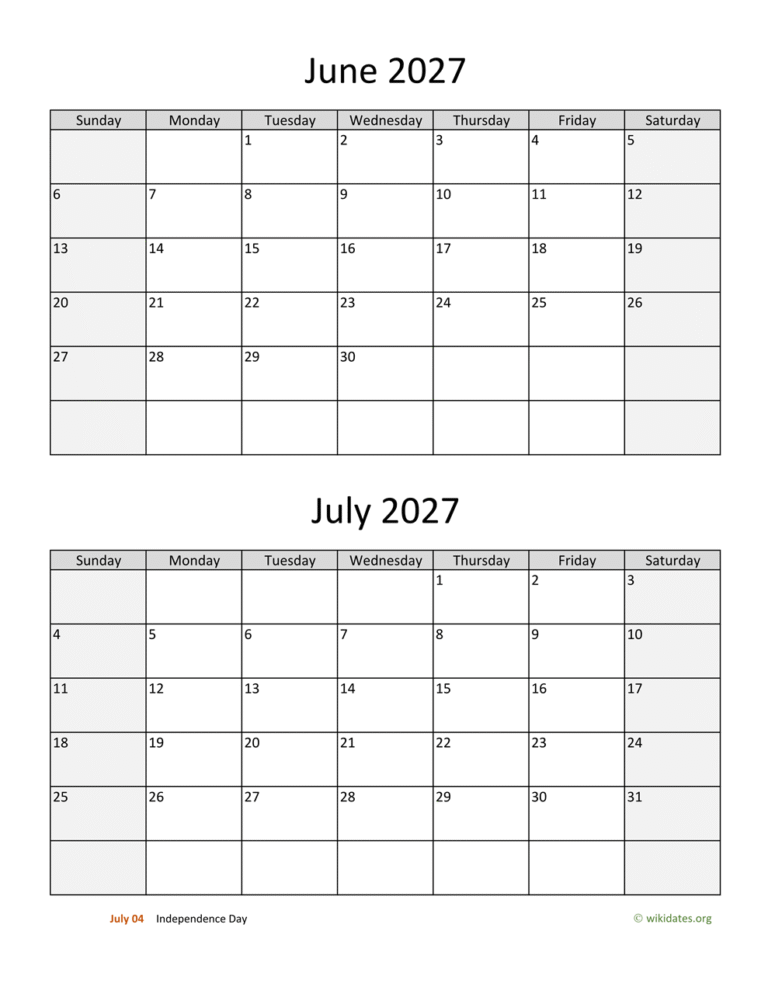 june july two months 2027 calendar vertical 1