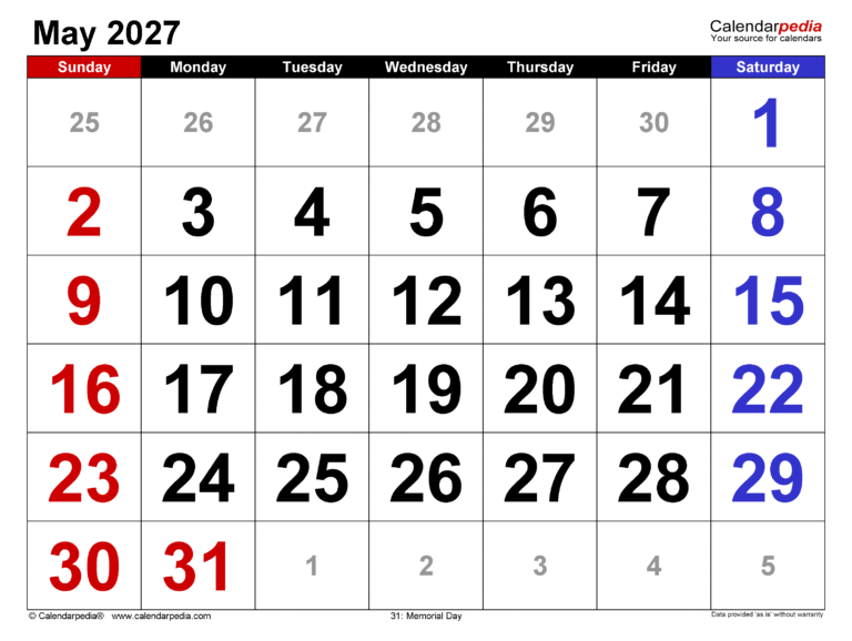 may 2027 calendar large numerals