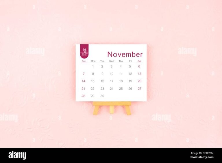 november 2027 calendar page with wooden easel on pink color background 3E4PP3M
