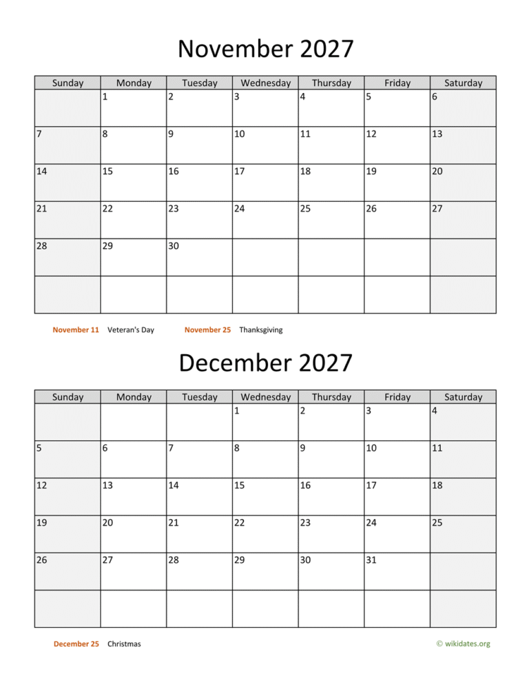 november december two months 2027 calendar vertical