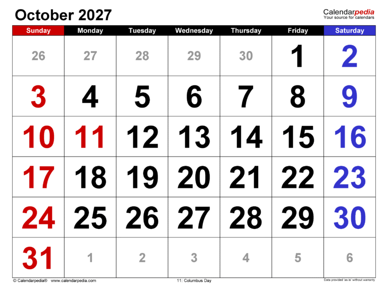 October 2027 Planner: Your Complete Monthly Calendar Overview 1 october 2027 calendar large numerals 2
