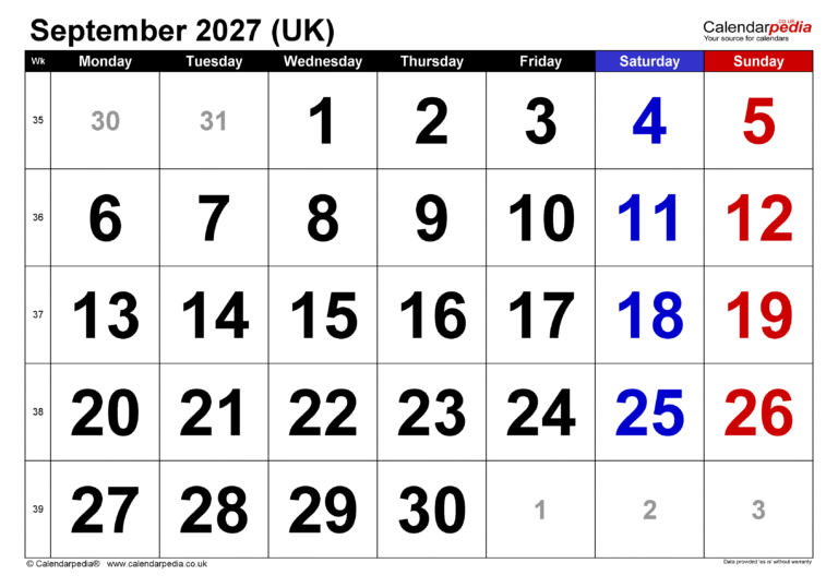 september 2027 calendar uk